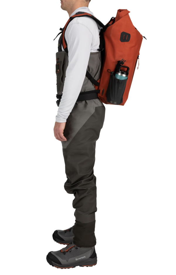 Simms Dry Creek Rolltop Backpack Model Side Simms Dry Creek Rolltop Backpack Model Side